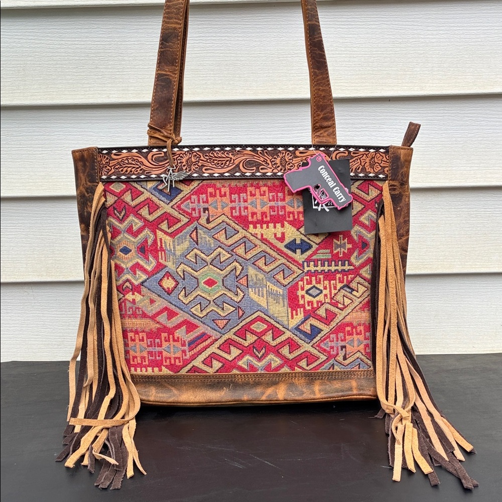 Angel Ranch Aztec Patterned Leather Fringe Shoulder Tote Conceal Carry Bag Women